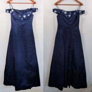Richard Tyler Couture Navy Blue Satin Dress with Maple Leaf design  Size 10